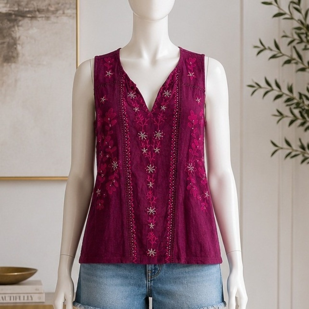 Cupio Womens Sleeveless Top Plum Purple Floral Embroidered Beaded Boho Medium